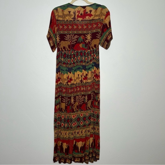 Vintage Bohemian Multicolor Maxi Dress Safari Print Size Medium Petite - Picture 2 of 13
